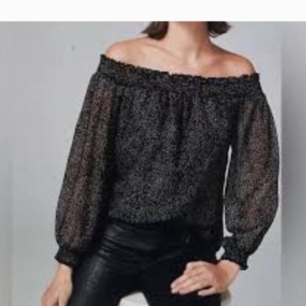 White House Black Market Black Off-Shoulder Sheer Blouse